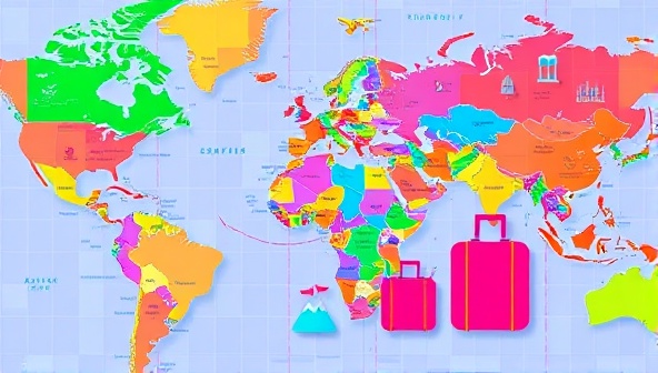 A vibrant and colorful digital map background with travel icons like planes, suitcases, and landmarks, symbolizing adventure and exploration.