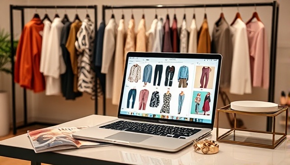An elegant virtual styling session setup with a laptop displaying outfit options, a rack of clothing in the background, and a stylish workspace with fashion magazines and accessories, creating a chic and interactive virtual shopping experience.