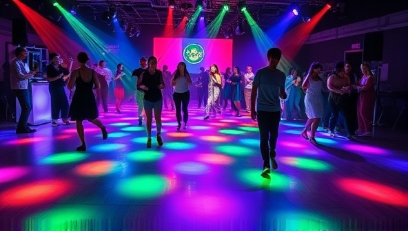 An energetic dance floor scene with colorful LED lights illuminating the room, showcasing people dancing and generating energy through their movements, with the EcoGroove Floors logo subtly integrated into the design, conveying a dynamic and eco-friendly atmosphere.