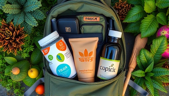 An assortment of eco-friendly travel gear neatly arranged in a sustainable travel backpack, surrounded by lush greenery and natural elements, conveying a message of sustainability and eco-consciousness.