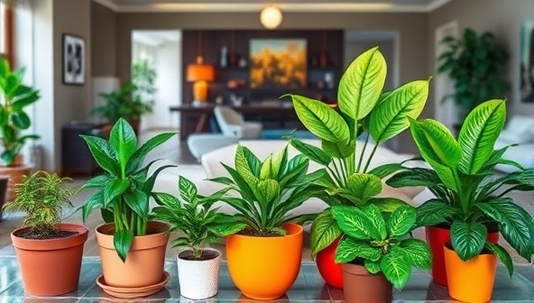 An artistic arrangement of lush green plants in vibrant pots, set against a backdrop of a modern living space, creating a serene and inviting atmosphere that showcases the beauty of indoor plants.