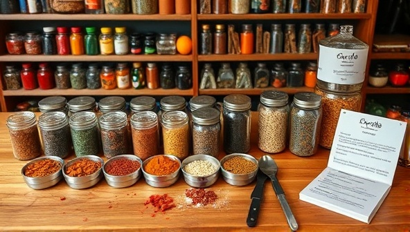 An artistic and engaging spice blending setup with an array of colorful spices in small jars, blending tools, and recipe cards arranged neatly on a wooden countertop, inviting customers to unleash their creativity and culinary skills.