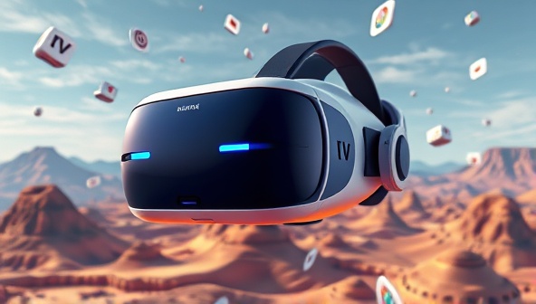 A futuristic VR headset surrounded by a virtual landscape with branded elements floating in the air, illustrating the immersive and interactive nature of VR marketing experiences.