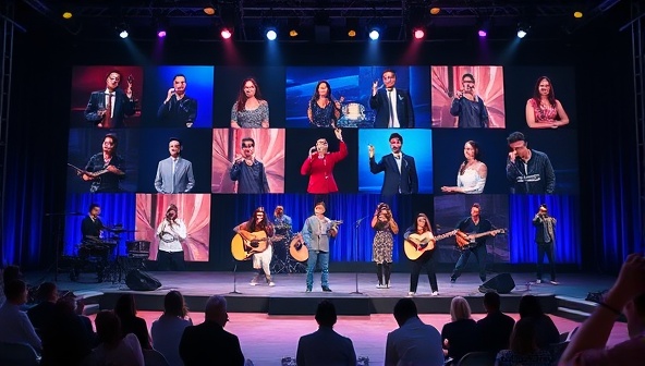 An online stage with a diverse group of performers showcasing their talents through live-streamed performances, with virtual audience interaction and engagement, creating a vibrant and dynamic entertainment experience.