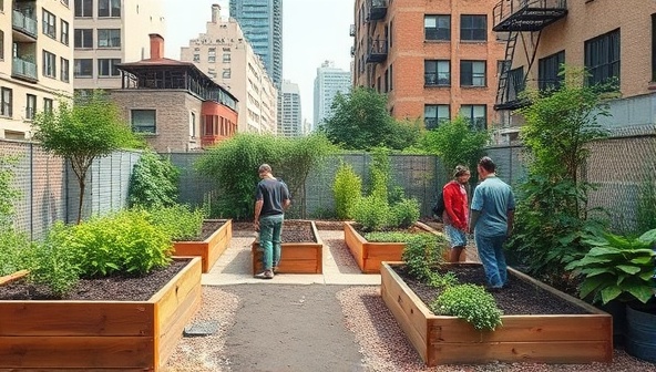 An urban garden oasis within a cityscape, featuring raised garden beds, lush greenery, and members tending to plants together, illustrating the beauty of community gardening and sustainable urban living.