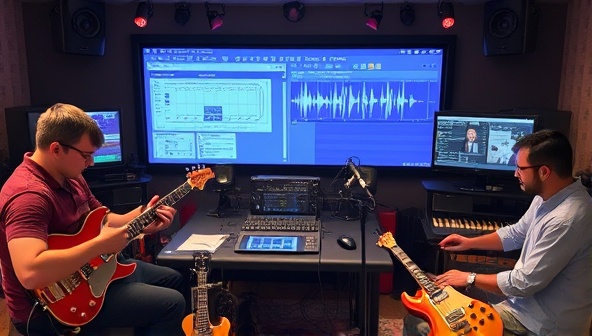A collaborative music production scene featuring multiple users from different locations jamming together virtually, with digital instruments, mixing boards, and visualizers displayed on their screens, illustrating the platform's creative potential and collaborative nature for music enthusiasts.