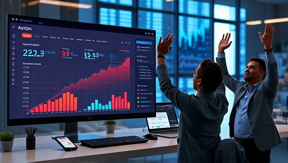 A visual representation of AIalytics in action, displaying a dynamic dashboard with real-time campaign data, AI algorithms optimizing marketing strategies, and business owners celebrating increased ROI, symbolizing the tool's impact on digital marketing success.
