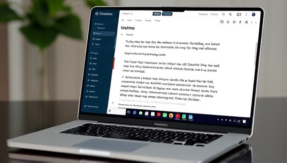 A sleek and modern interface of the AI writing assistant platform on a laptop screen, showing suggested edits and prompts alongside a user typing content, highlighting the seamless integration of technology into the writing process.