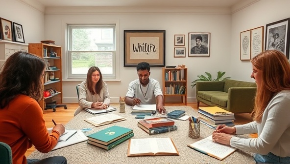 A virtual writing circle visualized as a digital meeting room with diverse writers engaged in focused writing sessions, sharing feedback and support through virtual interactions, fostering a collaborative and motivating environment for writers to achieve their writing goals together.