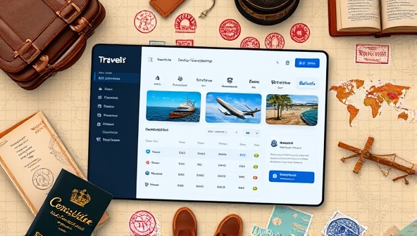 A digital interface displaying a sleek travel planning dashboard with virtual concierge support, surrounded by passport stamps and travel souvenirs, evoking a sense of global adventure and luxury.