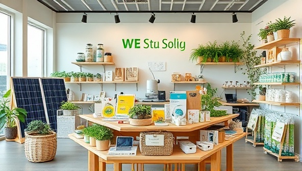 An array of sustainable tech products displayed in a modern and eco-friendly rental showroom, featuring solar panels, energy-efficient gadgets, and reusable packaging, conveying a message of sustainability and innovation.