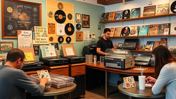 A cozy cafe setting with vintage decor, a collection of vinyl records and listening stations, a barista crafting specialty coffee drinks, patrons enjoying music and coffee in a retro-inspired ambiance, a nostalgic atmosphere of musical discovery and caffeinated relaxation.