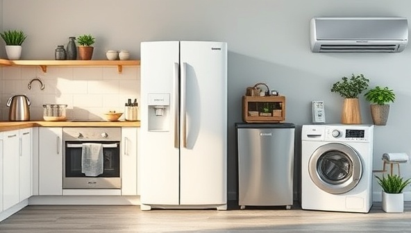 A modern kitchen scene featuring a sleek energy-efficient refrigerator, a high-efficiency washing machine, and a smart air conditioner, surrounded by eco-friendly kitchen accessories, illustrating the convenience and sustainability of renting green appliances for a greener home environment.