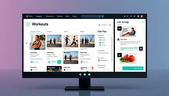 A sleek and modern digital interface displaying a workout plan with interactive exercise videos, nutritional tips, and a chat window for live coaching, reflecting a tech-savvy and dynamic fitness experience.