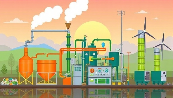 A waste-to-energy conversion plant illustration featuring biofuel production tanks, biomass processing equipment, and energy generation units, with workers monitoring operations and waste inputs, demonstrating the sustainable transformation of organic materials into valuable energy resources.