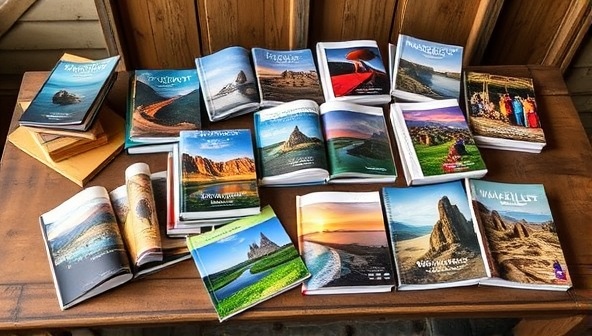 An array of visually stunning travel photo books displayed on a rustic wooden table, each book featuring vibrant images of exotic landscapes, cultural encounters, and breathtaking adventures, inviting viewers to embark on a visual odyssey through Wanderlust Chronicles.