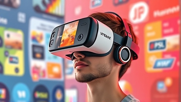 An individual wearing a VR headset, exploring a visually stunning 3D representation of a website, with colorful graphics and interactive elements floating around them, illustrating the immersive experience of VR WebScape.