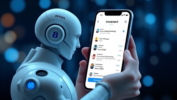An AI-powered virtual assistant interacting with a user on a smartphone screen, displaying personalized financial recommendations and investment insights, creating a futuristic and user-friendly financial advisory experience.