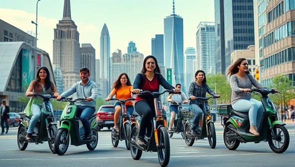 A diverse group of urban commuters effortlessly riding electric scooters and bikes through a bustling cityscape, with iconic landmarks in the background and vibrant street art, illustrating the convenience and sustainability of UrbanWheel's micro-mobility subscription service.