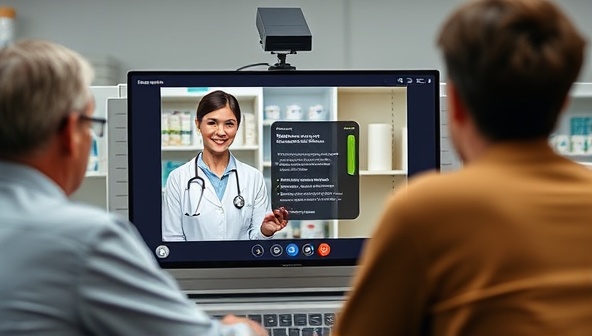 A virtual consultation scene showcasing PharmaLink Virtual Care's platform, with a pharmacist engaging in a video call with a patient, reviewing medication profiles, providing therapy recommendations, and answering drug-related questions, emphasizing professional expertise and personalized care in virtual pharmacy services.