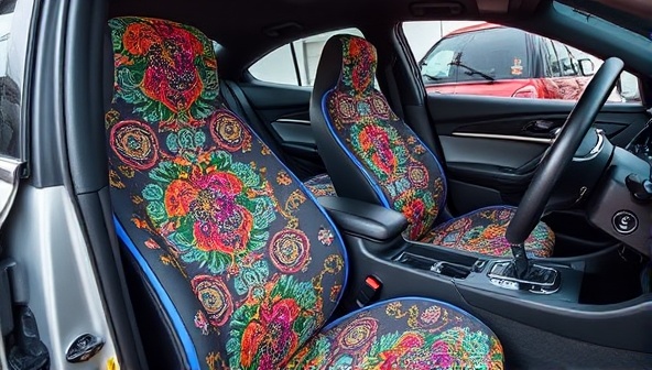 An elegant car interior featuring custom-designed seat covers with intricate patterns and vibrant colors, a matching steering wheel cover, and coordinating decals, creating a stylish and personalized automotive aesthetic unique to AutoChic.