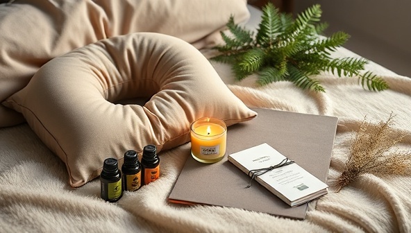 A serene and tranquil travel wellness setup featuring a cozy travel pillow, a scented candle, essential oils, herbal teas, and a mindfulness journal, arranged on a plush blanket against a backdrop of soft lighting and natural elements, creating a peaceful and rejuvenating atmosphere for mindful journeys.