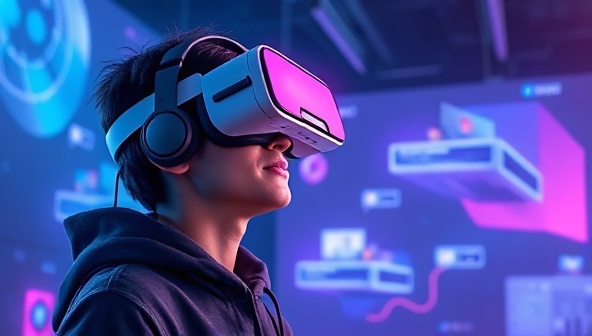 An illustration of a user wearing a VR headset, interacting with a website projected in a virtual environment, creating a futuristic and captivating scene that showcases the potential of VR web design.