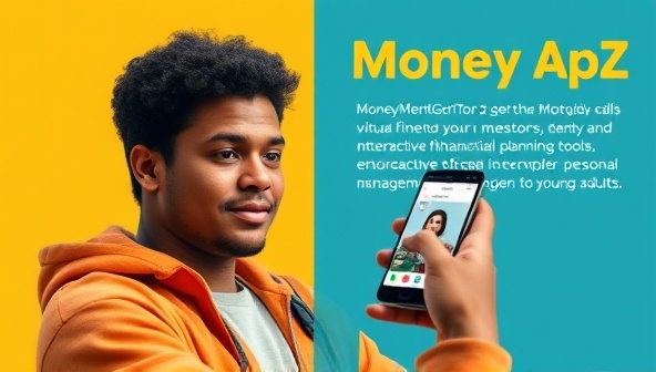 A dynamic visual of a Gen Z individual using the MoneyMentorGenZ app on a smartphone, engaging with a virtual financial mentor through video calls, chat messages, and interactive financial planning tools, showcasing empowerment and guidance in personal finance management for young adults.
