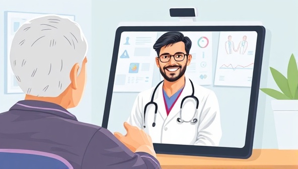 An illustration of a patient having a virtual consultation with a doctor on a tablet or computer, with medical charts in the background and a reassuring smile from the healthcare provider, conveying professionalism and care in telemedicine services.