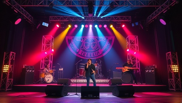 A dynamic virtual concert stage setup with colorful lights, musical instruments, and a live performance by a local band, capturing the energy and excitement of the live streaming platform for music enthusiasts.