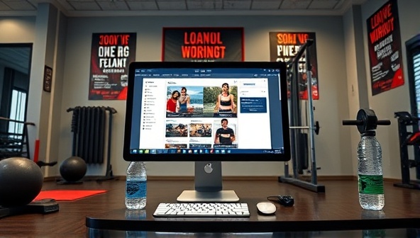 A dynamic virtual gym environment with a computer displaying a workout app interface, surrounded by fitness equipment, motivational posters, and a water bottle, creating an energetic and inspiring online coaching setting.