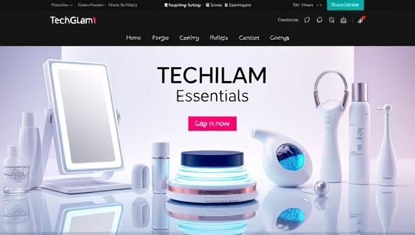 An eye-catching display of TechGlam Essentials' e-commerce store homepage featuring a sleek LED makeup mirror, a futuristic beauty device charger, and a smart skincare tool, surrounded by digital renderings of beauty tech accessories, illustrating a blend of beauty and technology in a chic and modern setting.