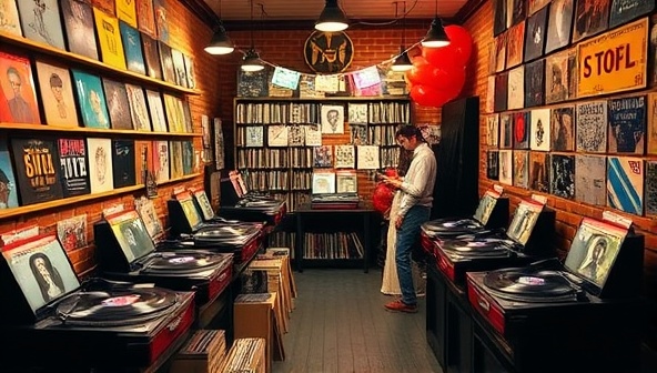 A retro-inspired vinyl record store setup with shelves of colorful album covers, vintage record players showcasing classic music, customers browsing through records, and a nostalgic ambiance evoking the joy of discovering timeless tunes at the Groove Revival Pop-Up.