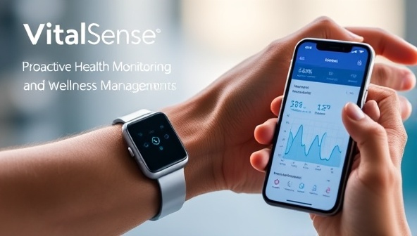 An engaging visual of VitalSense Wearables showcasing a user wearing the device on their wrist, with a mobile app displaying real-time health data graphs and personalized health recommendations, symbolizing proactive health monitoring and wellness management.