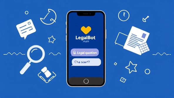 An illustration of a smartphone screen displaying a chat interface with LegalBot Assist logo, showcasing a user asking a legal question and receiving a helpful response from the chatbot, surrounded by legal icons like a magnifying glass and legal documents, representing instant legal assistance.