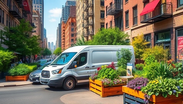 A vibrant image of a bustling city street with a delivery van parked in front of a row of colorful urban gardens, showcasing the connection between urban farming and fresh produce delivery.