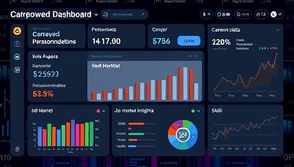An engaging visualization of an AI-powered career guidance dashboard displaying personalized career recommendations, skill assessments, and job market insights, portraying a futuristic and data-driven approach to career planning.