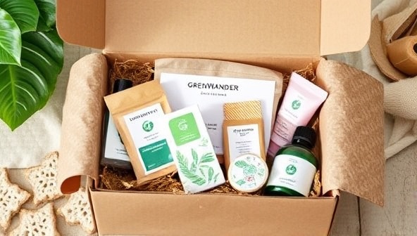 An image of a beautifully packaged sustainable travel subscription box filled with eco-friendly products and artisanal souvenirs, showcasing the curated offerings of GreenWander Box for sustainable travelers.
