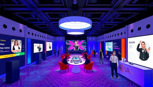 A virtual event space visualization with customizable layouts, branded elements, and interactive features, illustrating the versatility and creativity of EventVibe Virtual in designing engaging and immersive virtual events for subscribers.