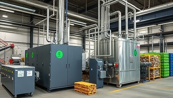 An industrial plant setting with BioCycle Fuels' biofuel production equipment processing organic waste materials into renewable biofuels, showcasing a sustainable and environmentally friendly approach to energy production and waste management.