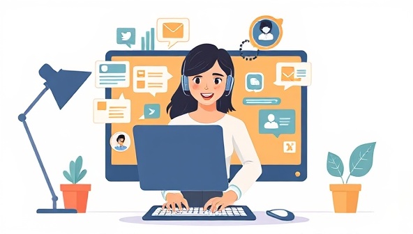 A digital illustration featuring a virtual assistant interacting with various marketing tools on a computer screen, symbolizing support and assistance in managing marketing tasks for small businesses, with a focus on efficiency and productivity.