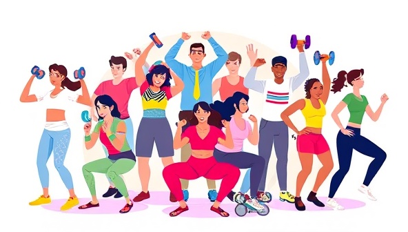 A vibrant digital illustration of diverse individuals working out together virtually, each representing a different fitness challenge, creating a sense of community and motivation.