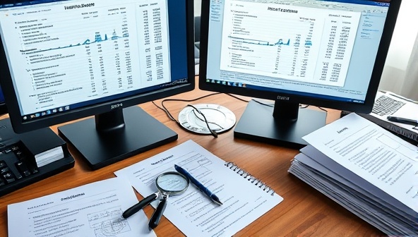 An auditor's workspace with dual monitors displaying financial statements, surrounded by audit program binders, a magnifying glass, and a pen, creating a focused and meticulous audit environment.