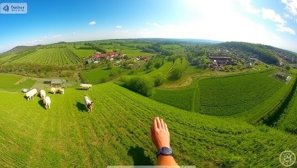 A captivating 360-degree virtual tour experience of a lush farm landscape with rolling hills, blooming orchards, and grazing animals, accompanied by an interactive guide highlighting sustainable farming practices and local produce, immersing viewers in the beauty and serenity of rural agri-tourism.