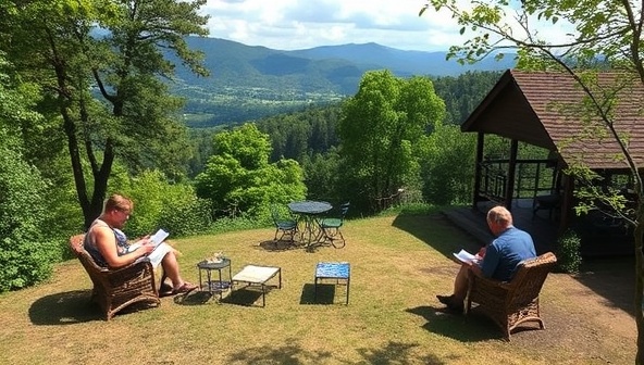An idyllic setting of a serene writing retreat location surrounded by nature, with writers engrossed in their craft in picturesque surroundings, capturing the essence of creativity, focus, and inspiration that awaits participants at WriteAway Escapes.