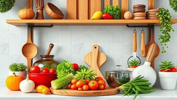 A virtual kitchen setup with cooking utensils, fresh ingredients, and cultural cooking props, creating a vibrant and interactive cooking space for virtual culinary classes and global gastronomic adventures.