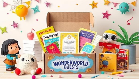 A colorful and inviting subscription box filled with educational activities, art supplies, science experiments, and a storybook, surrounded by playful characters and thematic decorations, evoking a sense of wonder and excitement for young learners participating in the WonderWorld Quests experience.