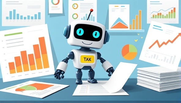 An engaging visual representation of TaxBot as a friendly robot mascot assisting a user in navigating through tax documents, while colorful graphs and tax forms surround them, conveying ease and efficiency in tax compliance.