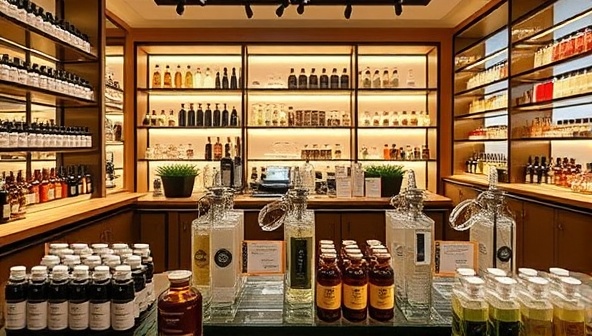 A sophisticated and elegant fragrance blending bar setup with rows of premium fragrance oils, beautiful glass bottles, and custom scent creation stations, exuding a luxurious and sensory-rich environment that invites customers to immerse themselves in the art of scent blending at ScentCraft Atelier.
