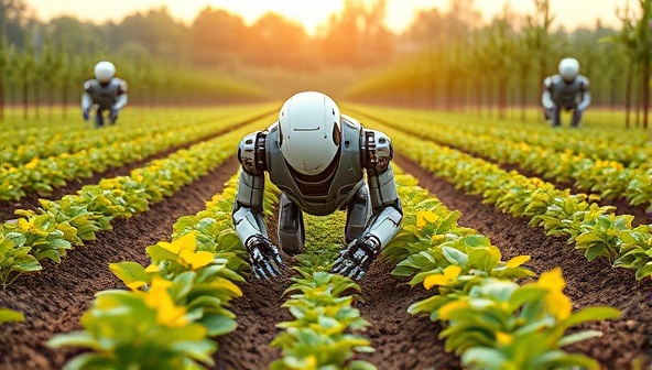 An imaginative depiction of a robotic farm assistant autonomously planting crops in neat rows, with other robots harvesting fruits in the background, showcasing the efficiency and precision of robotic technologies in agricultural operations, embodying the futuristic farming experience provided by RoboHarvest Farm.
